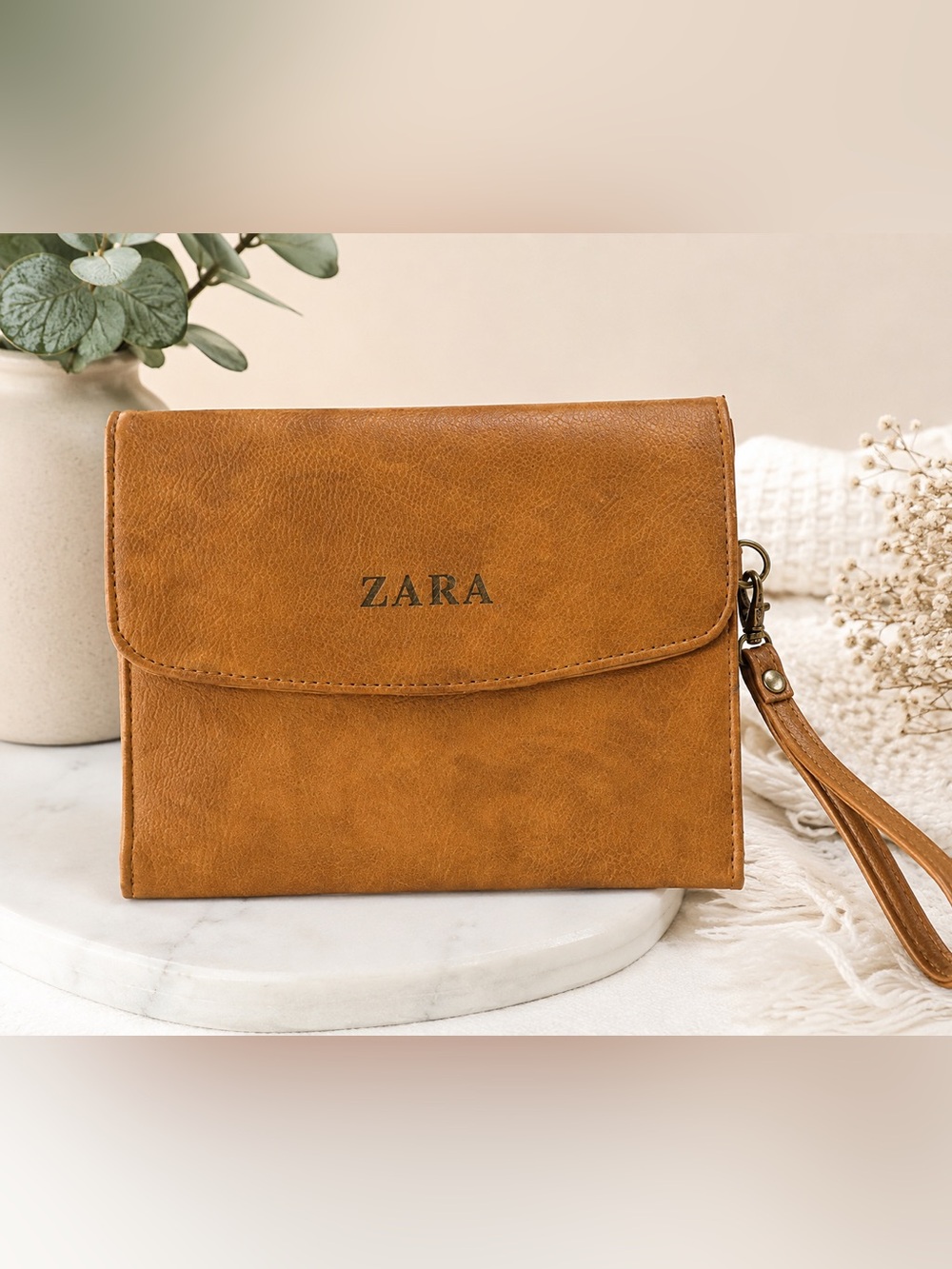 ZARA Cognac Faux-Leather Clutch Wristlet